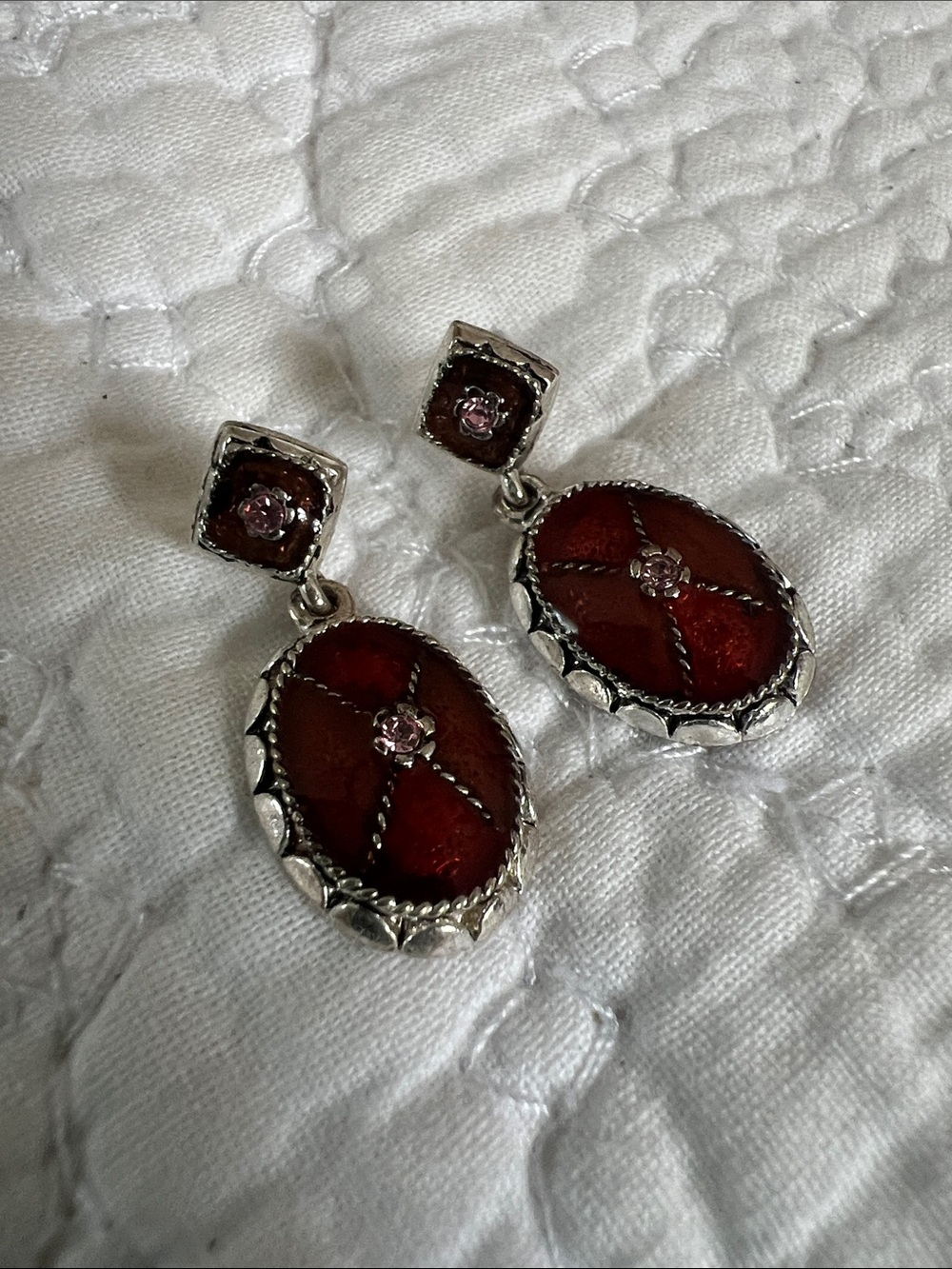 Silver-Tone Red Enamel Drop Earrings with Pink Crystal Accents